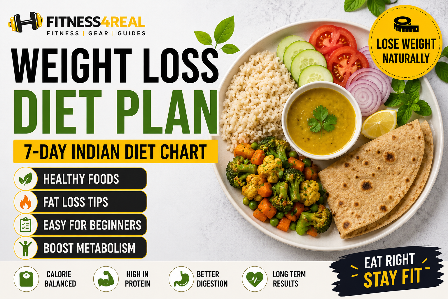 Alt Text: Weight Loss Diet Plan India 2026 with healthy Indian foods and complete 7-day diet chart for beginners